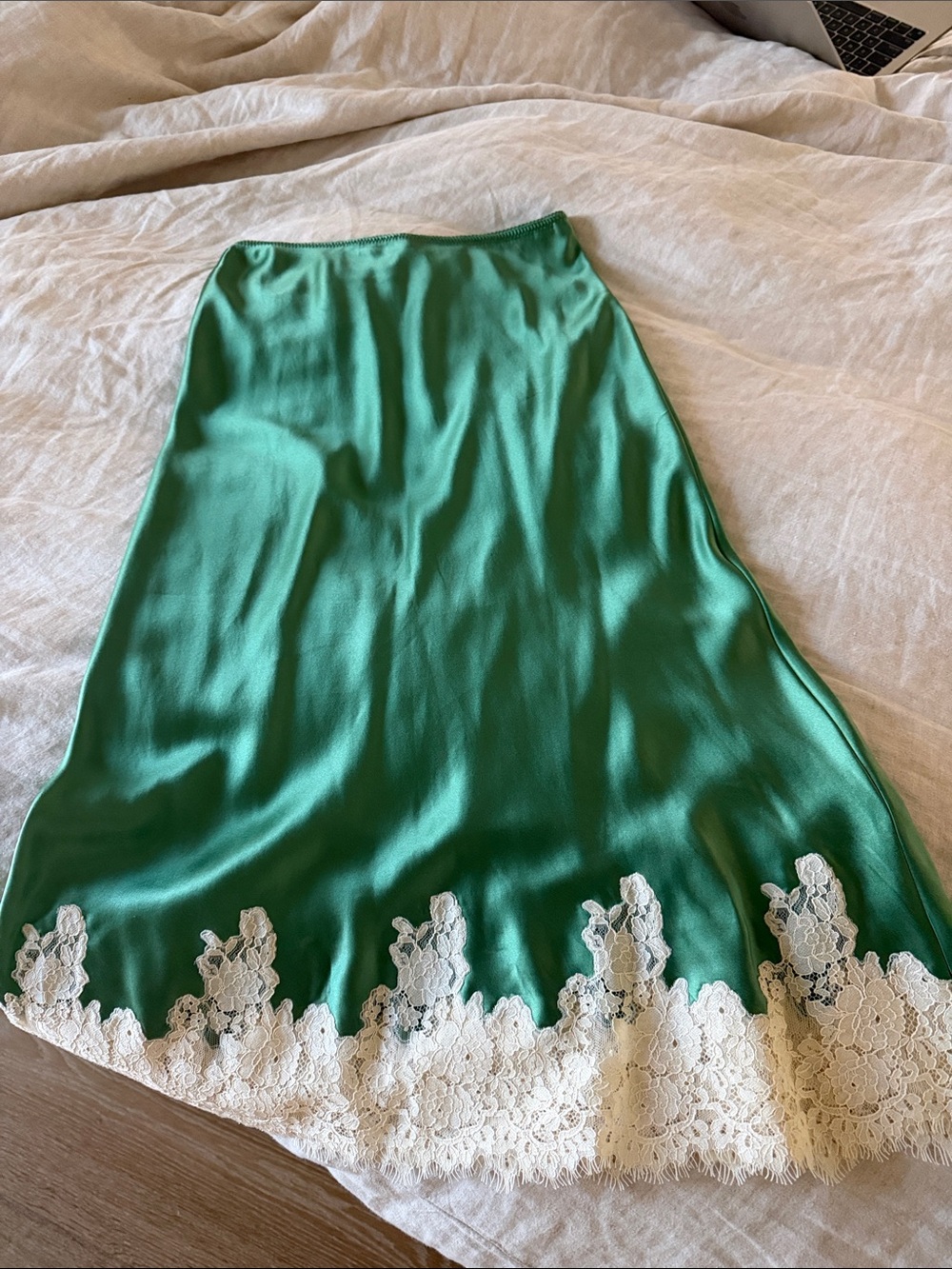 Doen Emerald Satin Midi Skirt with Cream Lace Hem